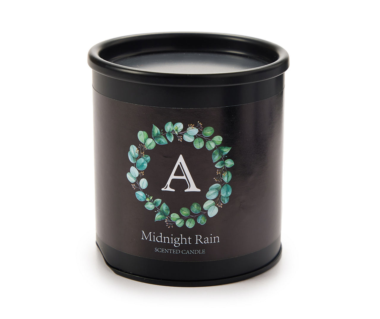 "A" Midnight Rain Black Leaf Wreath Tin Candle, 8 oz.