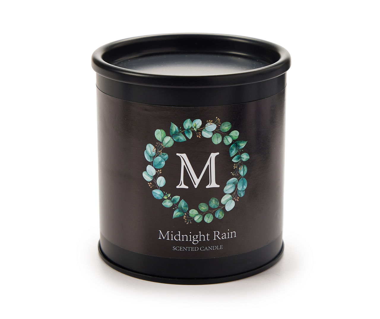"M" Midnight Rain Black Leaf Wreath Tin Candle, 8 oz.