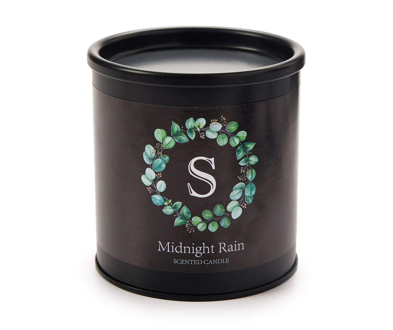 "S" Midnight Rain Black Leaf Wreath Tin Candle, 8 oz.