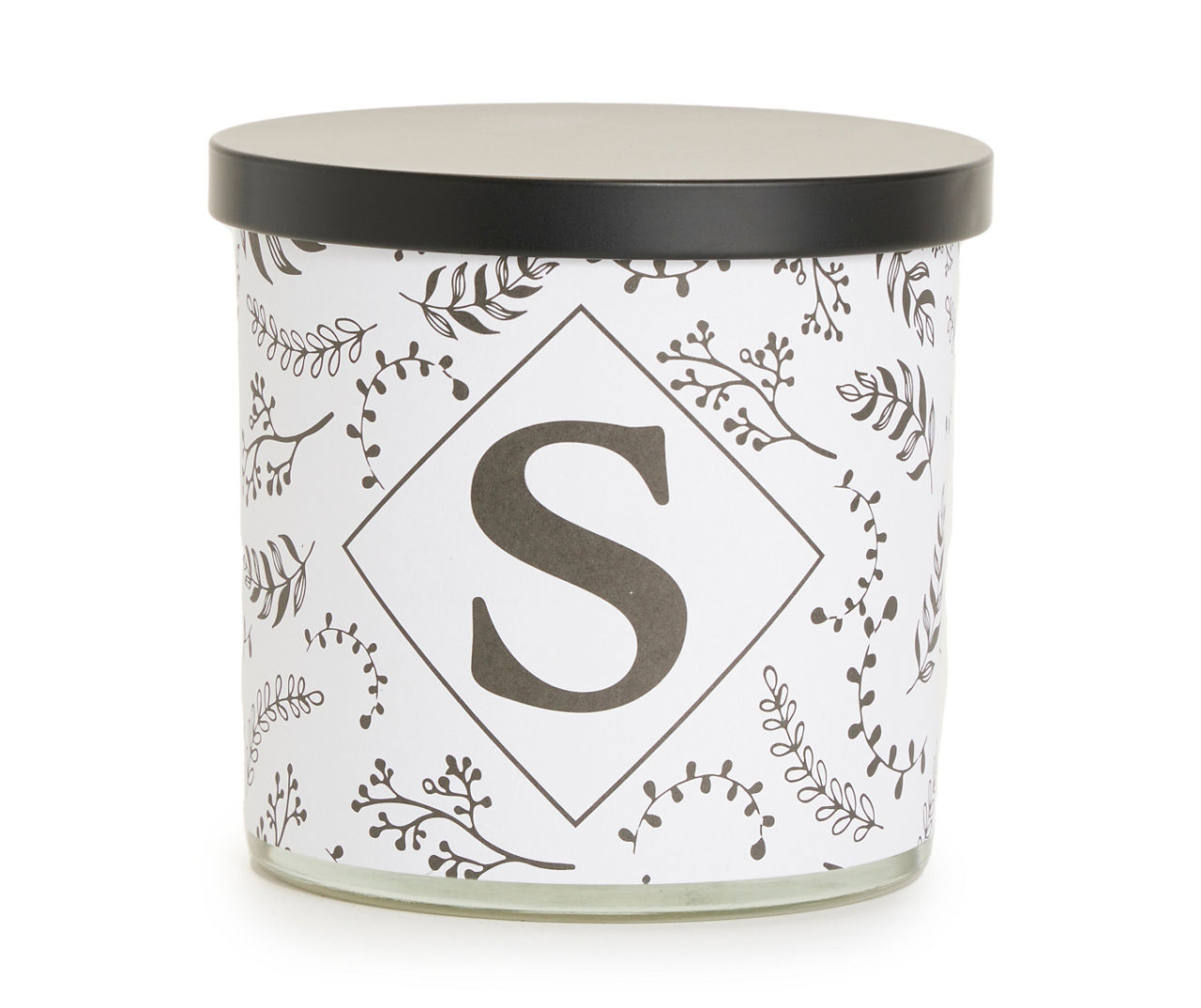 "S" Lavender & Eucalyptus White & Black Botanical Monogram Jar Candle, 14 oz.