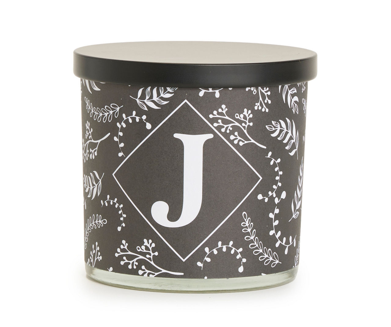 "J" Sandalwood Leather Black & White Botanical Monogram Jar Candle, 14 oz.