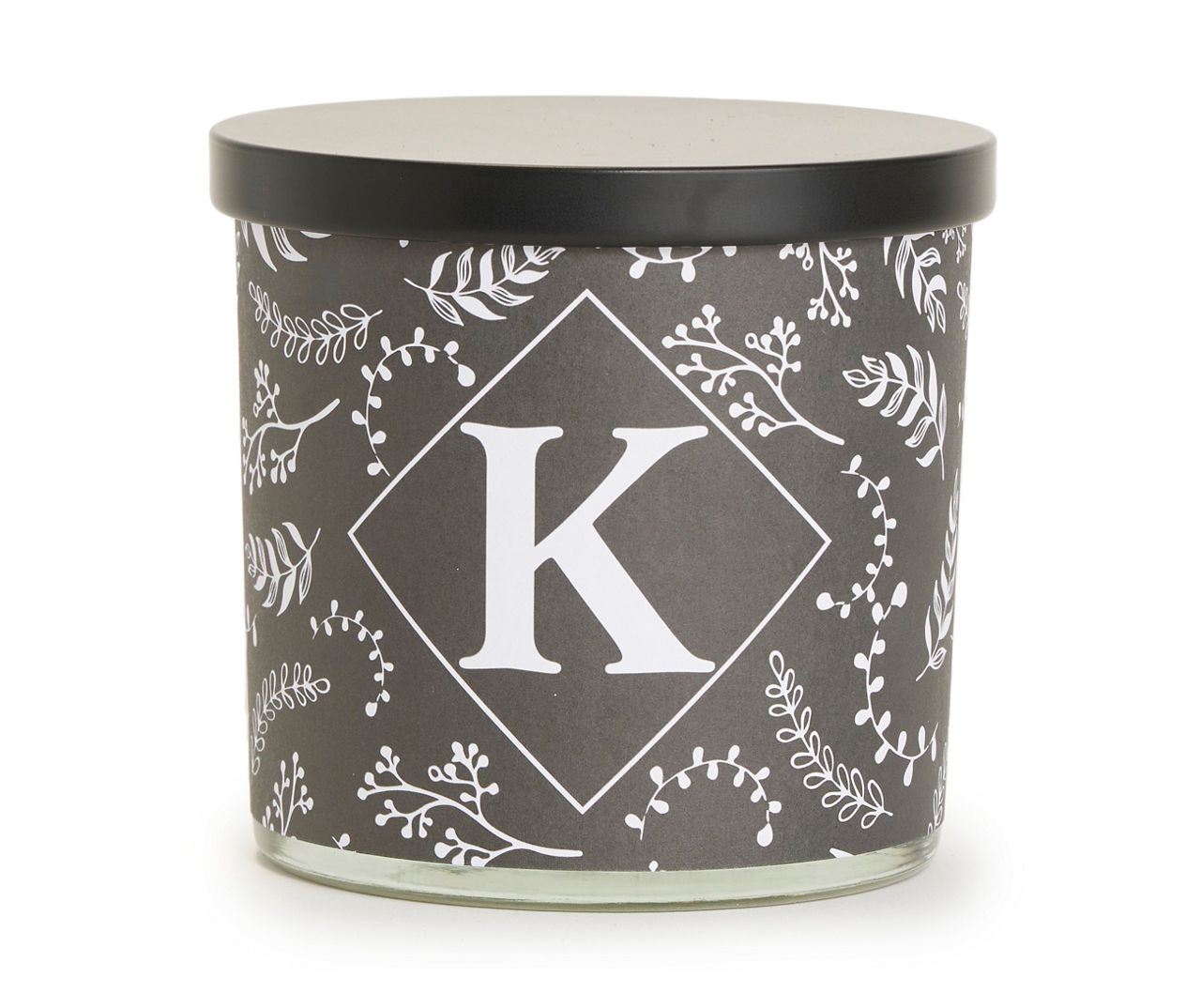 "K" Sandalwood Leather Black & White Botanical Monogram Jar Candle, 14 oz.