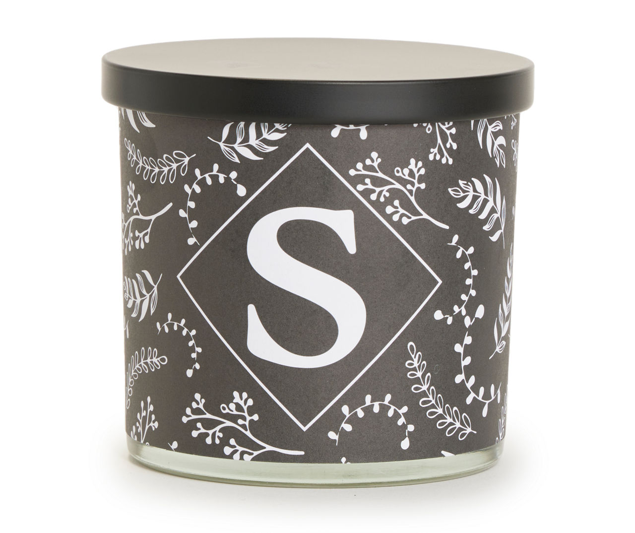 "S" Sandalwood Leather Black & White Botanical Monogram Jar Candle, 14 oz.