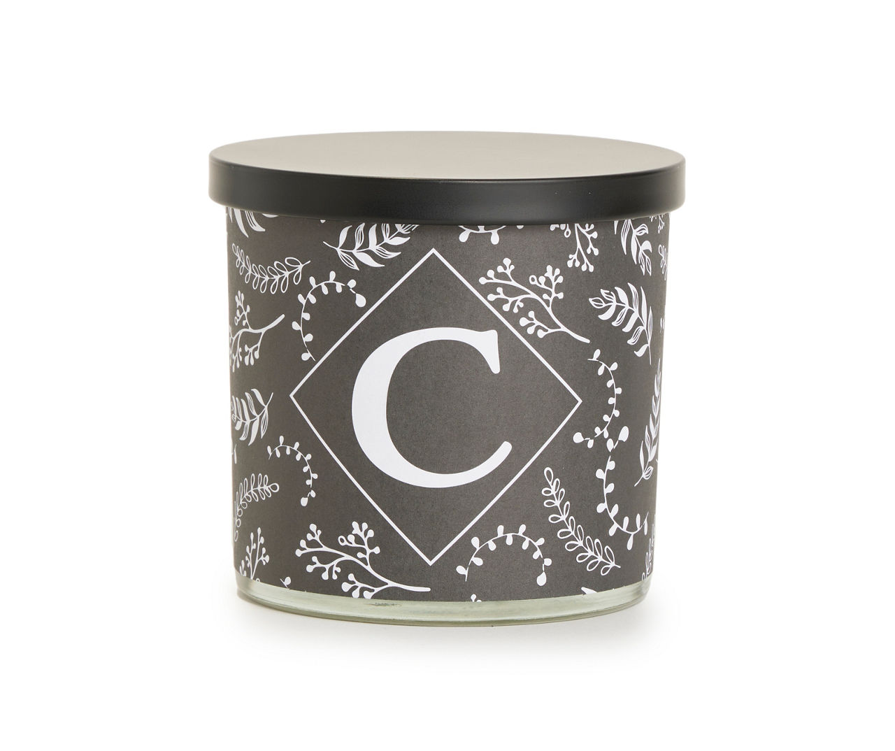 "C" Sandalwood Leather Black & White Botanical Monogram Jar Candle, 14 oz.