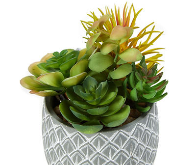 Artificial Succulent Medley in Leaf Carved Cement Pot