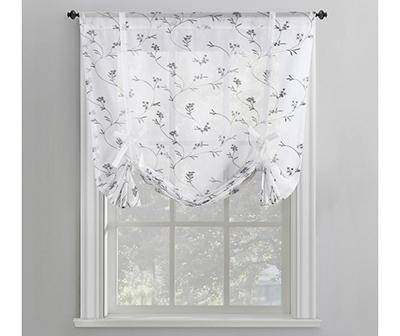 Meribel White & Gray Embroidered Floral Tie-Up Rod Pocket Curtain Panel, (63