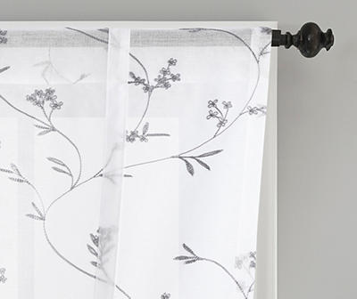 Meribel White & Gray Embroidered Floral Tie-Up Rod Pocket Curtain Panel, (63