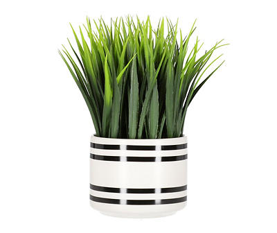 Artificial Grass in White & Black Stripe Ceramic Pot