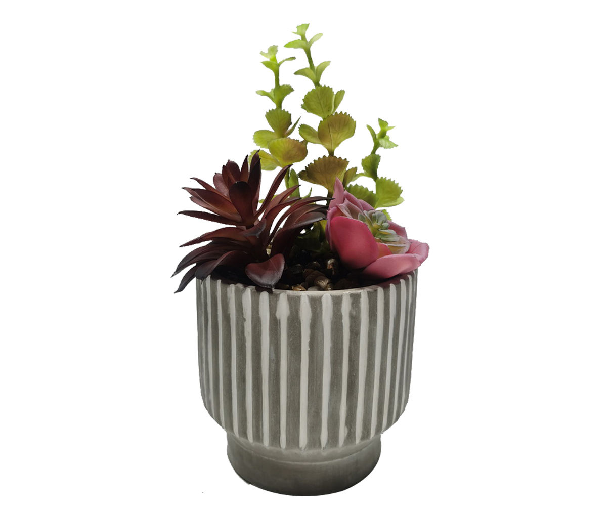 Artificial Succulent Arrangement in Gray Ribbed Raised Cement Pot