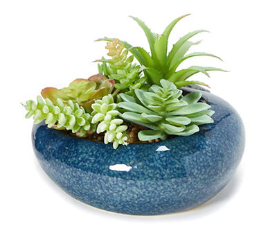 Artificial Succulent Arrangement in Blue Shallow Ceramic Pot