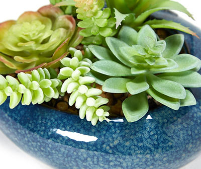 Artificial Succulent Arrangement in Blue Shallow Ceramic Pot