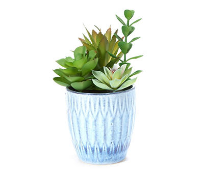 Artificial Succulent Arrangement in Blue Ceramic Pot