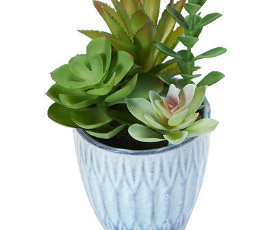 Artificial Succulent Arrangement in Blue Ceramic Pot