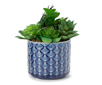 Artificial Succulent Arrangement in Blue Fan Ceramic Pot