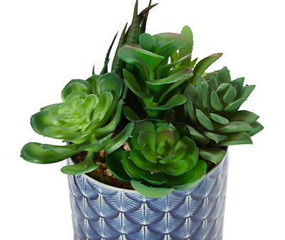 Artificial Succulent Arrangement in Blue Fan Ceramic Pot