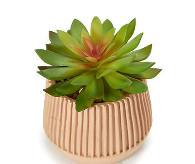 Artificial Succulent in Pink Ribbed Cement Pot