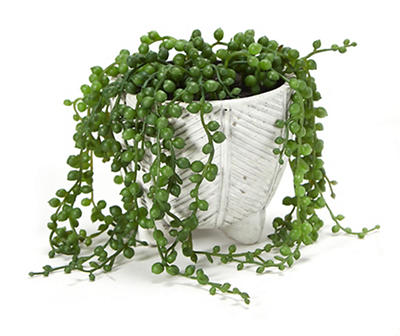 Artificial String of Pearls Plant in White Herringbone Footed Pot
