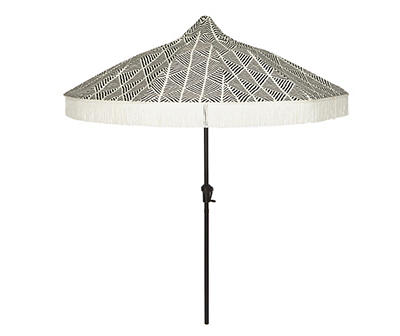 7.5' Black & White Geometric Fringe-Trim Patio Umbrella