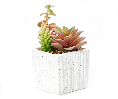 Artificial Succulent Arrangement in White Speckled Square Pot