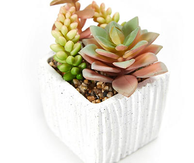 Artificial Succulent Arrangement in White Speckled Square Pot
