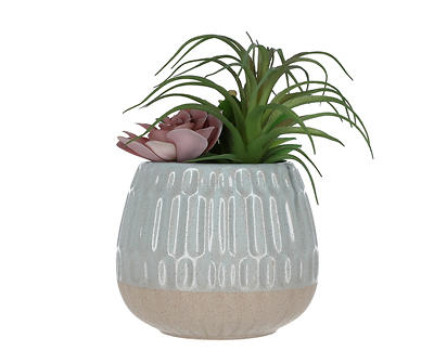 Artificial Succulent Arrangement in 2-Tone Carved Ceramic Pot