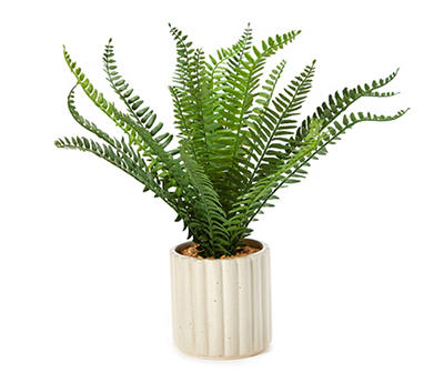 Artificial Fern in White Ribbed Pot
