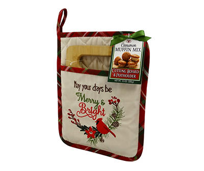 "Merry & Bright" Potholder, Cutting Board & Cinnamon Muffin Mix Set