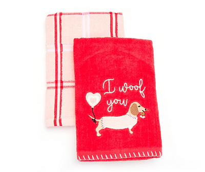 "I Woof You" Red Dog 2-Piece Embroidered Hand Towel Set