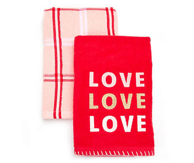 "Love" Red 2-Piece Embroidered Hand Towel Set