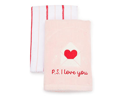 "I Love You" Pink & Red 2-Piece Embroidered Hand Towel Set