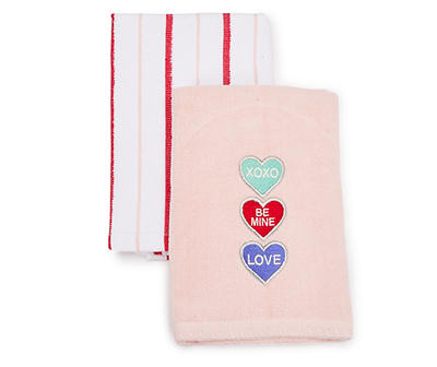 Pink & White Candy Hearts 2-Piece Embroidered Hand Towel Set