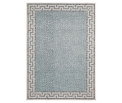 Greek Key Tidepool & Vanilla Tile Print Outdoor Area Rug, (8' x 10')