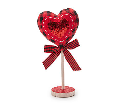Red Plaid & Sequin Heart Stand Tabletop Decor