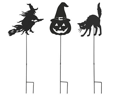 Witch, Pumpkin & Cat Silhouette 3-Piece Metal Yard Stake Set