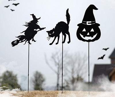 Witch, Pumpkin & Cat Silhouette 3-Piece Metal Yard Stake Set