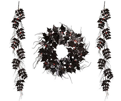 Glitter Bat 3-Piece Light-Up Garland & Wreath Set