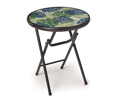 18" Tropical Leaf Tempered Glass Outdoor Folding Table
