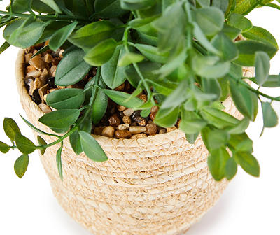 Green Artificial Leafy Plant Arrangement With Brown Woven Pot