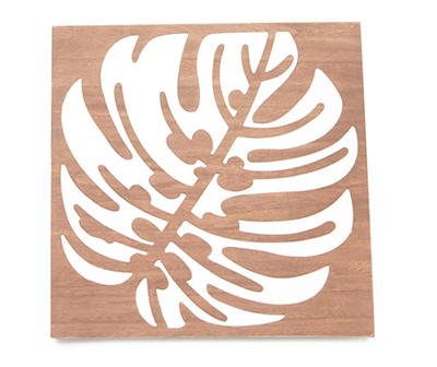 Brown & White Carved Monstera Leaf Wall Plaque