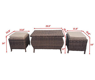 Harvest Run 3-Piece All-Weather Wicker Patio Coffee Table & Cushioned Ottoman Set