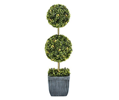 33" LED Double Ball Topiary in Black Embossed Striped Pot