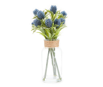 Blue Thistle Artificial Arrangement in Clear Glass Vase