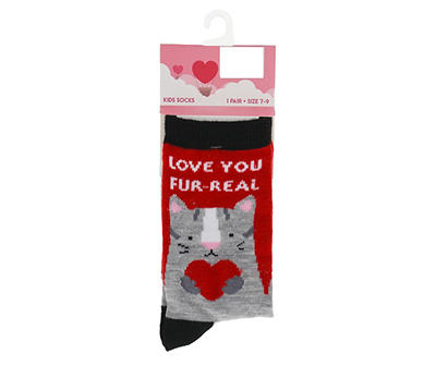 Kid's "Love You Fur-Real" Red Cat Crew Socks