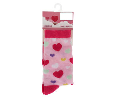 Kid's Pink & Multicolor Hearts Crew Socks