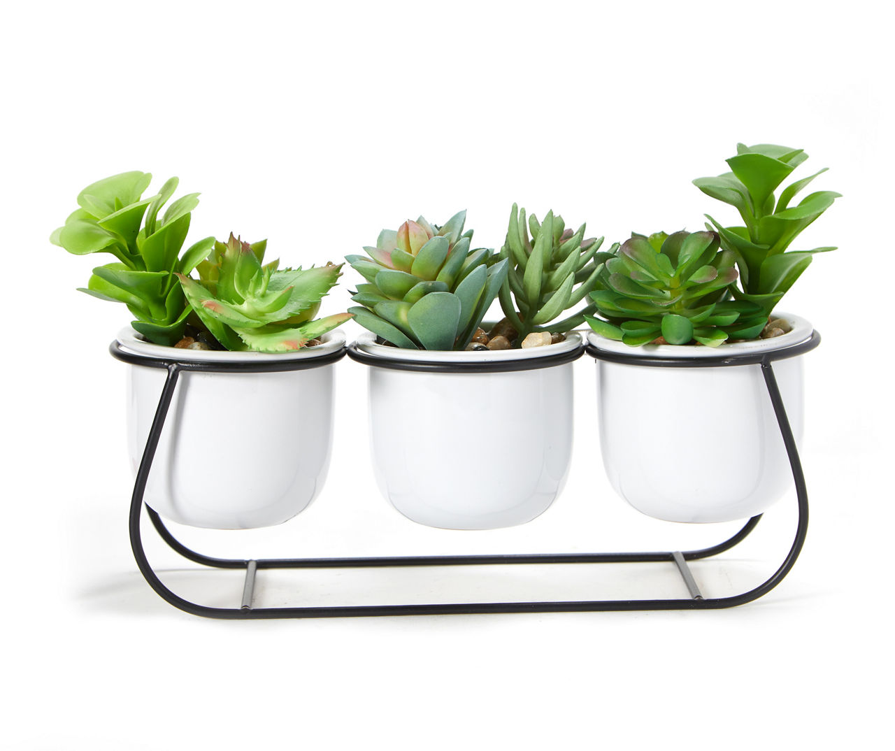 Artificial Succulents in White Pots & Metal Stand
