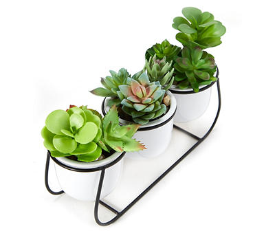 Artificial Succulents in White Pots & Metal Stand