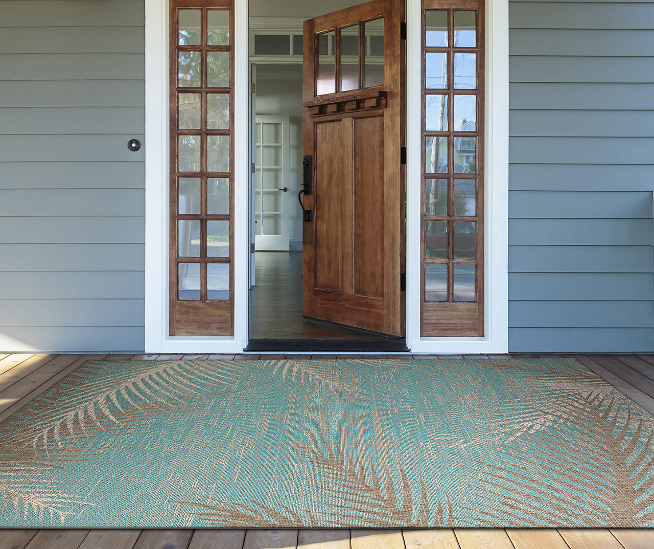 Monaco Aqua Tropical Palms Outdoor Area Rug, (6' x 9.5')