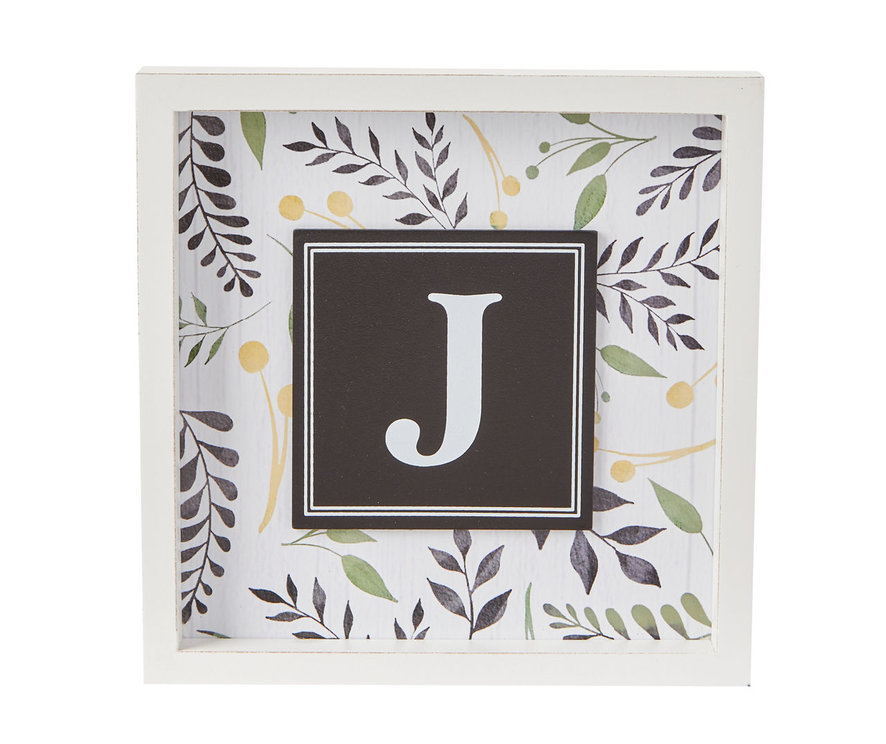 "J" White & Black Leaf Monogram Framed Wall Plaque