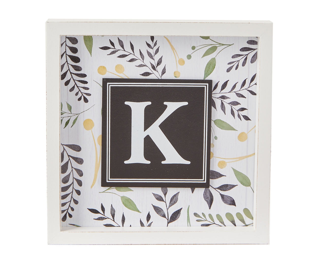 "K" White & Black Leaf Monogram Framed Wall Plaque
