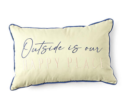 "Outside Is Our Happy Place" Mint, Blue & White Outdoor Lumbar Throw Pillow